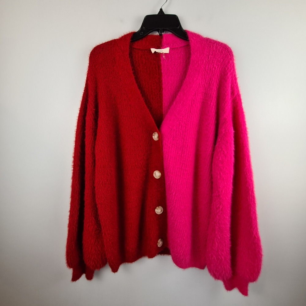 Entro Red Pink Colorblock Fuzzy Eyelash Knit Button Cardigan Sweater Womens Med